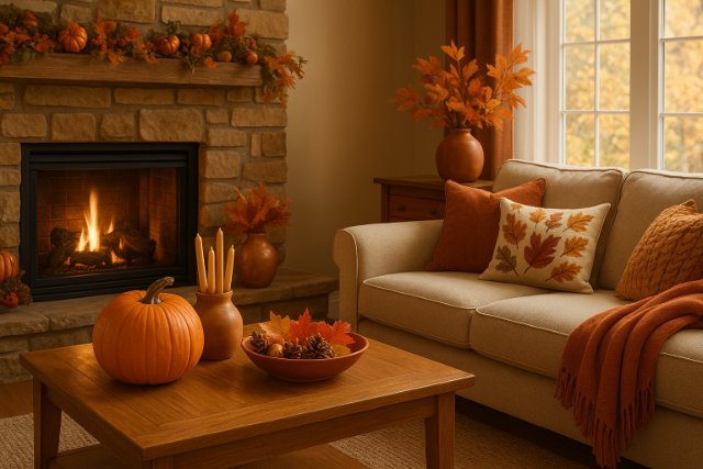 Cozy fall-decorated living room with fireplace and autumn accents