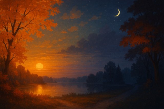 Autumn sunset transitioning into night with colorful trees and crescent moon.