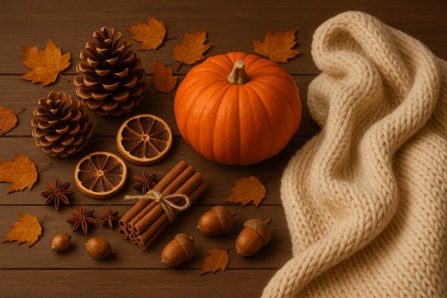Cozy autumn arrangement with pumpkin, pinecones, and seasonal spices.