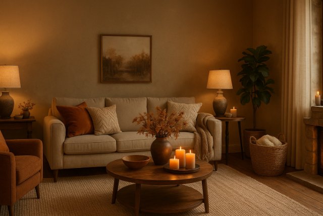 Fall and winter decor fusion in cozy living room