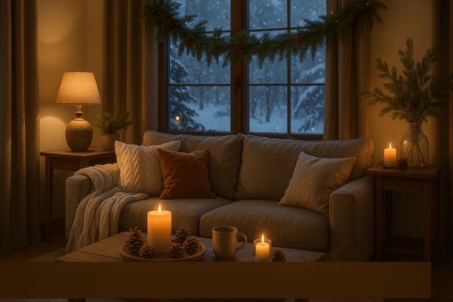Winter-themed cozy living room with seasonal decor elements.