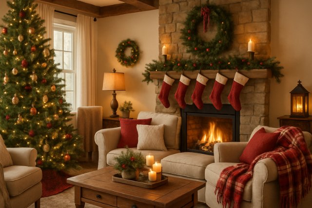 Warm farmhouse Christmas living room with tree, fireplace, and rustic decor.