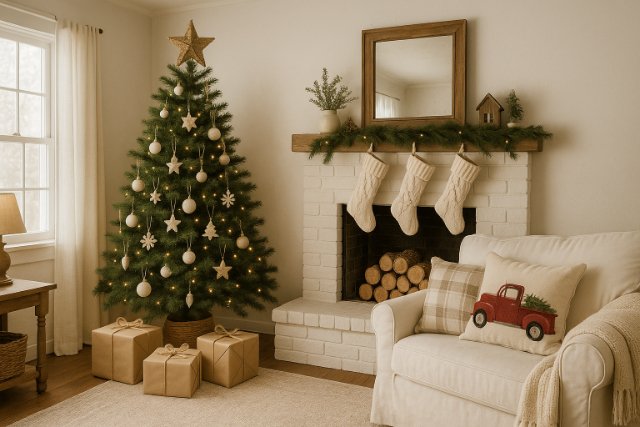 Farmhouse Christmas living room decorated on a budget with rustic holiday decor.