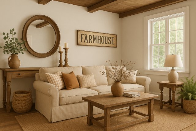 Warm farmhouse living room with rustic wood and neutral décor.