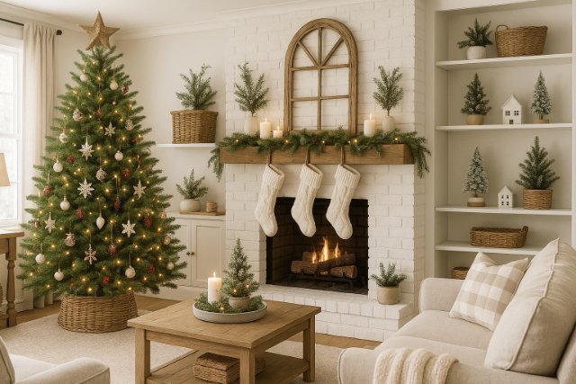 Farmhouse Christmas living room with decorated mantel, shelves, and lit tree.