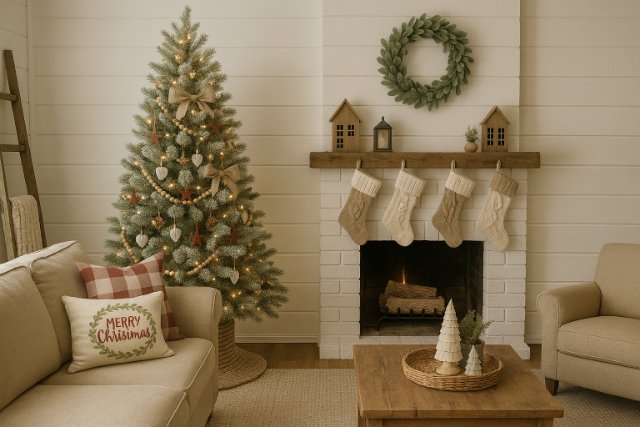 Farmhouse-style Christmas living room with rustic holiday decorations.