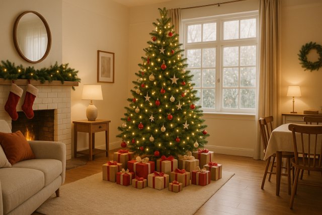 Christmas tree near window in cozy living room with gifts and fireplace.