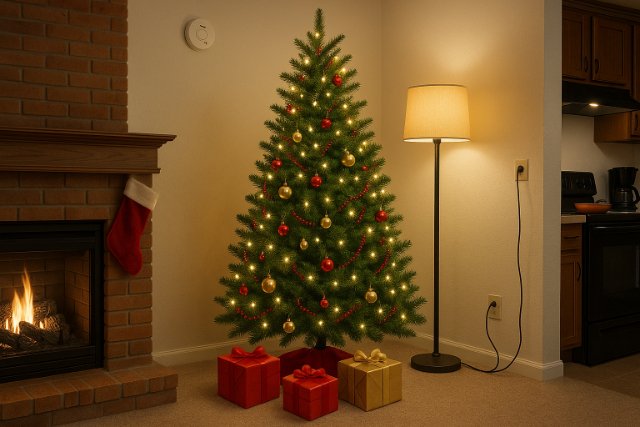 Christmas tree near fireplace and electrical outlet, highlighting fire risks.
