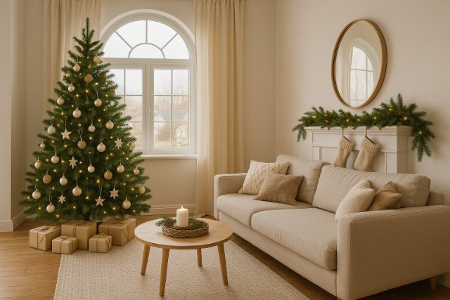 Christmas tree beside window in cozy living room.