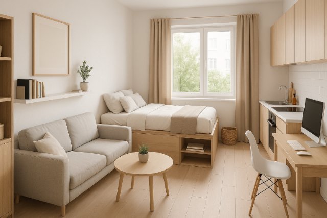 Smart small apartment with multifunctional furniture and modern layout.