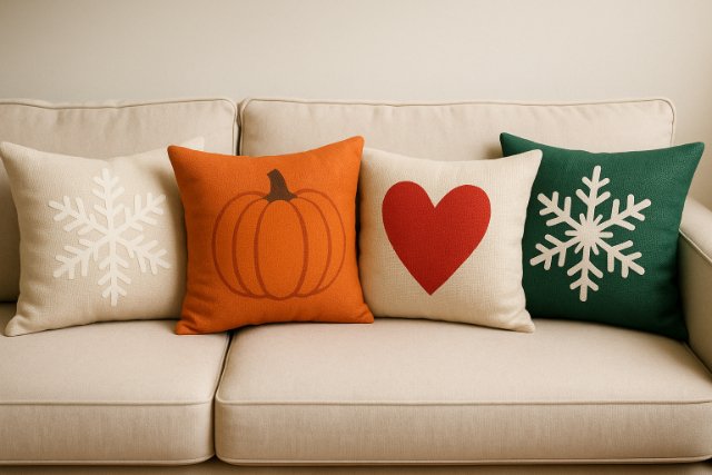 Seasonal throw pillows featuring snowflake, pumpkin, and heart designs on a beige sofa.