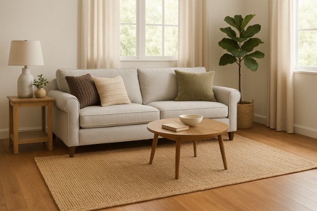 Seasonal area rug in neutral-toned living room with cozy decor.