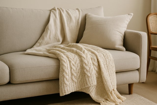 Cozy sofa with fleece and linen throws