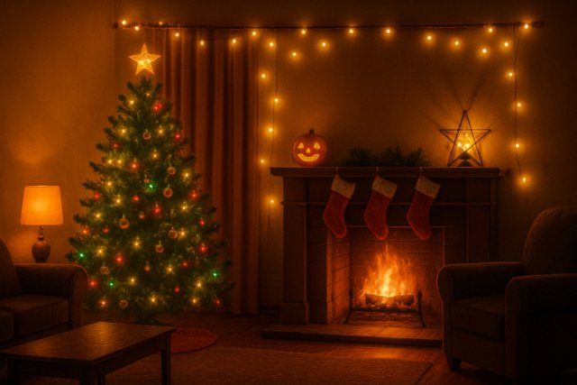 Holiday-themed living room with string lights, Christmas tree, and lanterns.