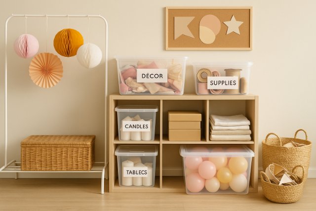 Organized storage of reusable décor items in labeled containers and baskets.