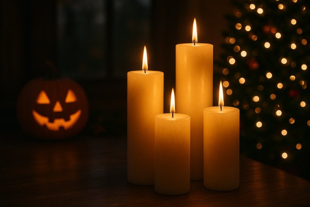 Tall pillar candles glowing with Halloween and Christmas decor