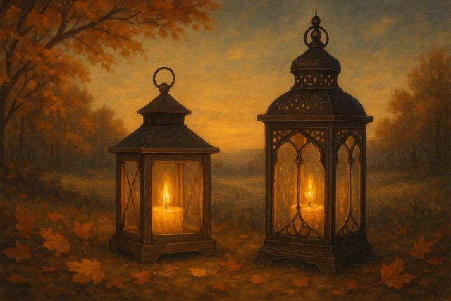 Rustic and ornate lanterns glowing at dusk in an autumn setting