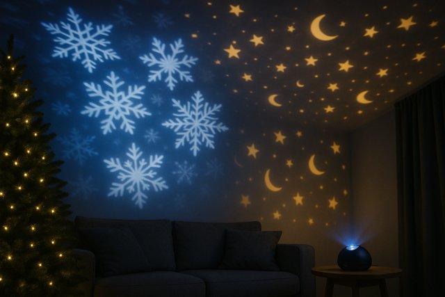 Projector light displaying snowflakes and stars on walls and ceiling.