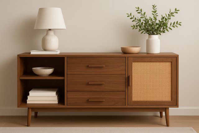 Mid-century modern walnut storage sideboard with decor accessories.