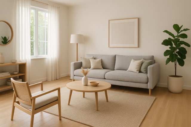 Minimalist living room with neutral colors and open layout.