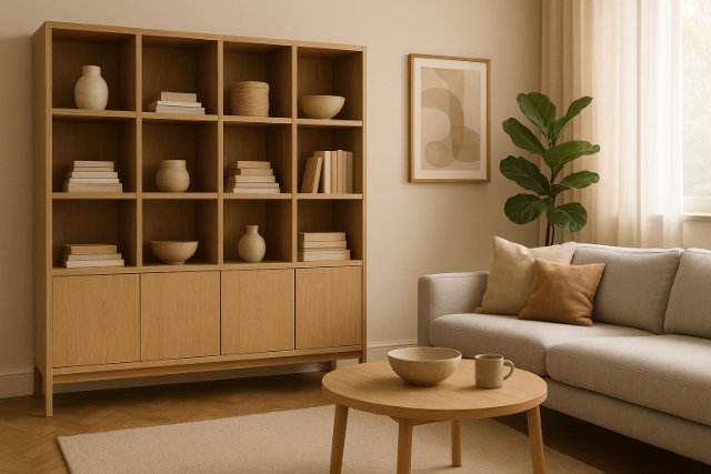 Modern living room with wood storage shelves and minimalist decor.