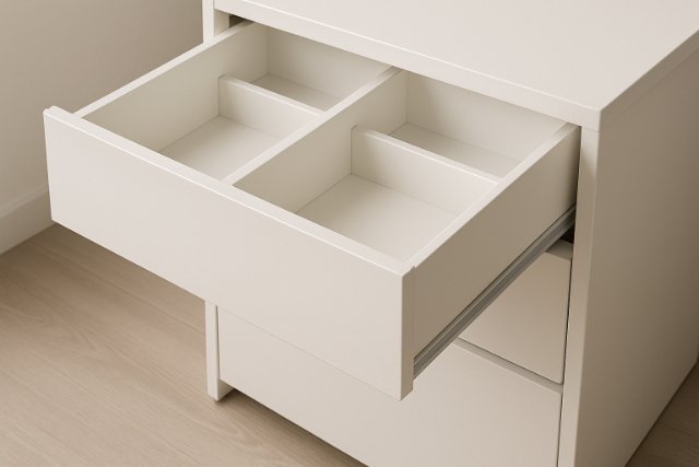 Open drawer with internal storage compartments
