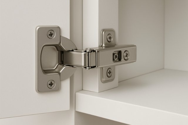 Soft-close concealed cabinet hinge on white cabinet