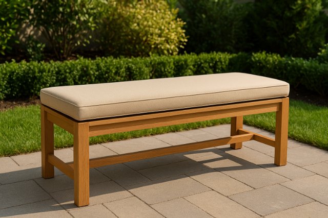 Beige cushion on wooden bench in garden patio setting