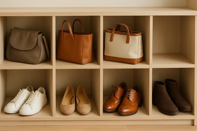 Open-front cubbies with shoes and bags organized in a wooden storage unit