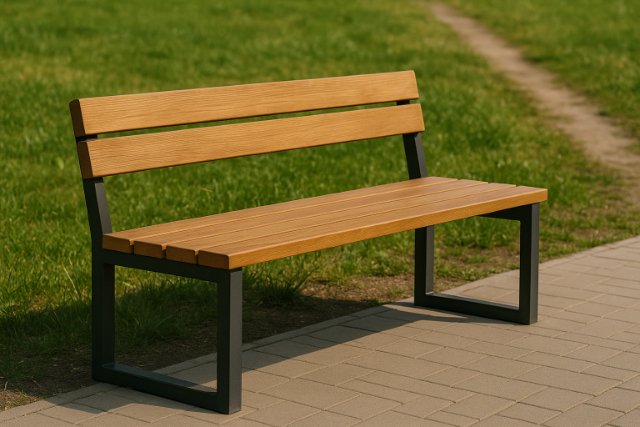 Wood and metal framed park bench