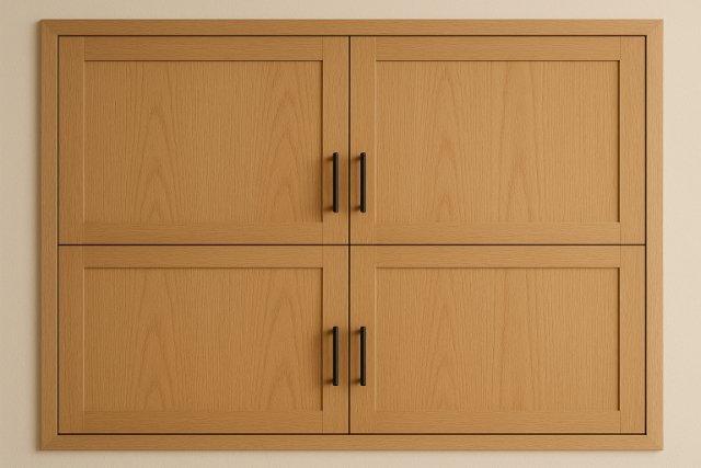 Modern wooden cabinet with four panel doors and black handles.