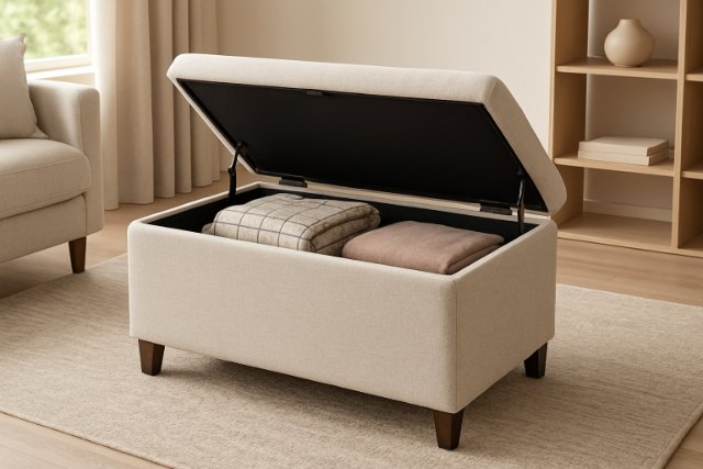 Beige ottoman with storage in a modern minimalist living room