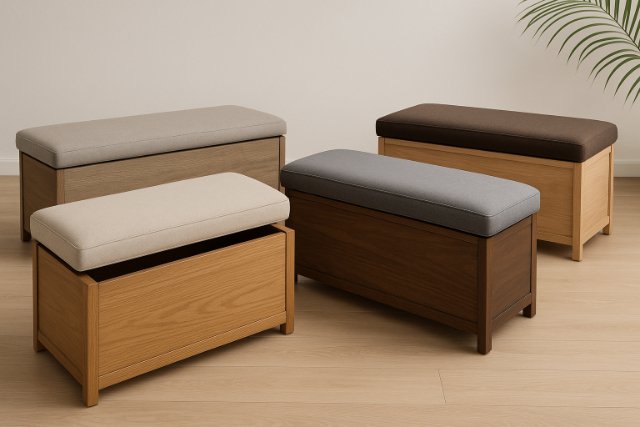 Modern wooden storage benches with upholstered tops in a minimalist room.