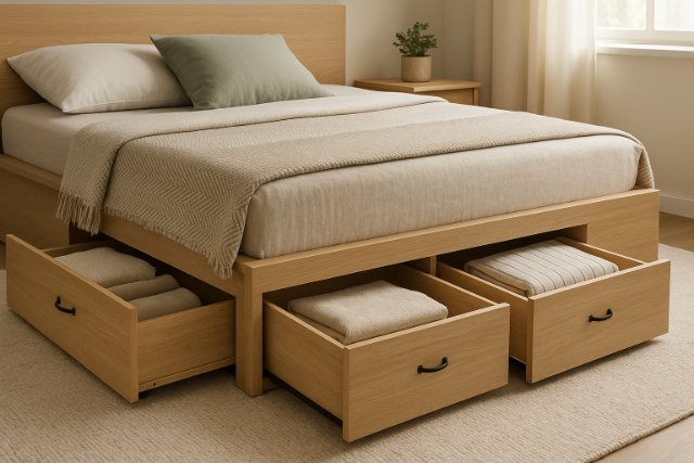 Under-bed drawers filled with neatly folded linens in a modern bedroom.