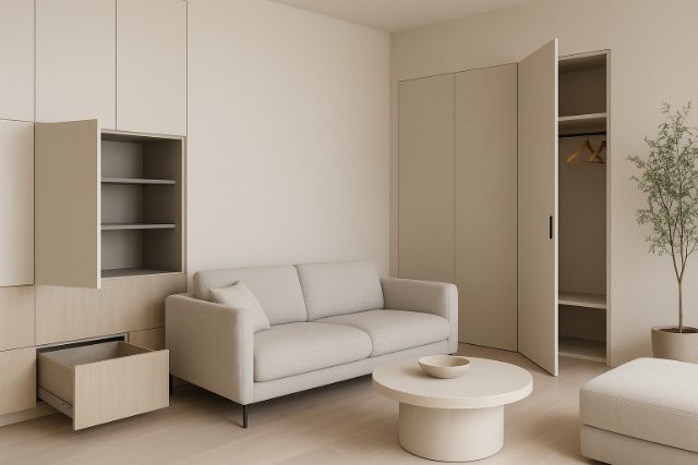 Minimalist interior with hidden storage solutions