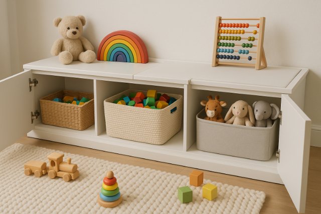 Organized toys in baskets within a white hidden storage bench in a playroom.