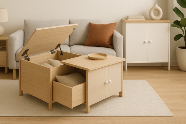Child-safe hidden storage furniture in a modern living room