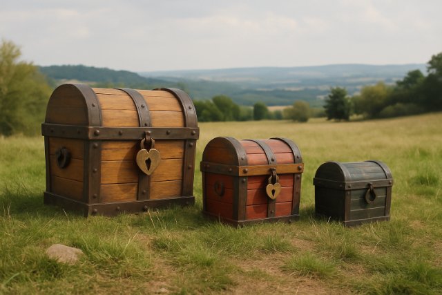 Three toy chests in a grassy field, showing storage options for kids.