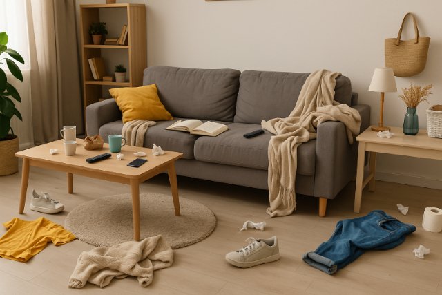 Cluttered small living room with sofa and scattered items.
