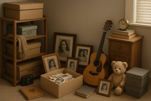 Sentimental items like photos, teddy bear, and guitar organized in a small cozy room.