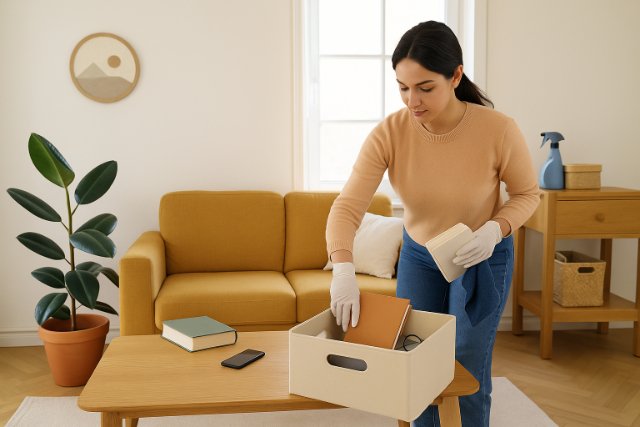 Woman tidying a clean, clutter-free living room.