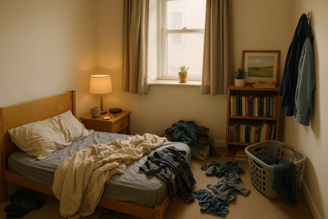 Cluttered small bedroom with natural light and cozy decor