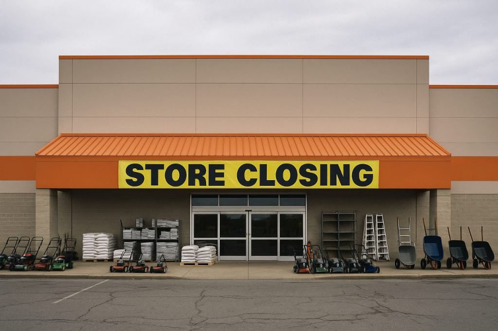 Closed hardware store with store closing sign and outdoor equipment.