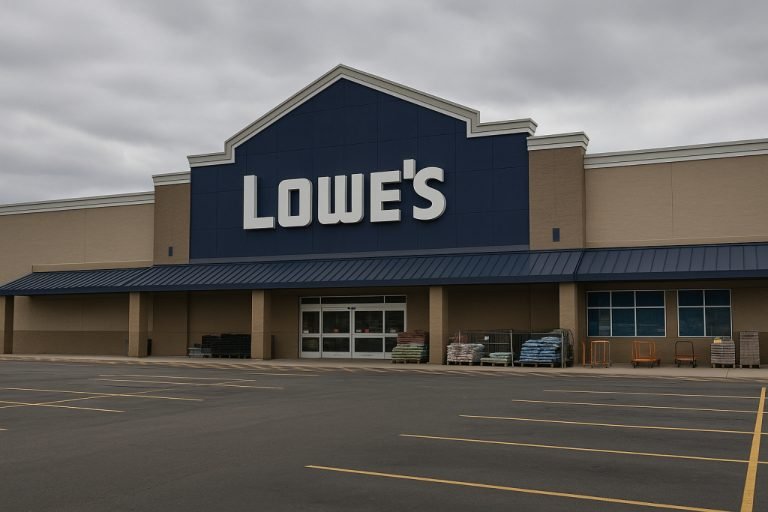 Home Depot Rival Files for Bankruptcy in 2025 Lowe's store exterior with empty parking lot under cloudy skies.