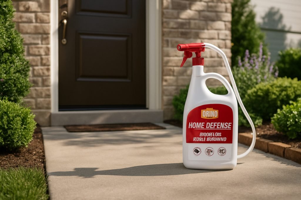 Ortho Home Defense: Ultimate Insect Barrier for Your Home Ortho Home Defense spray on walkway near house entrance for insect protection.