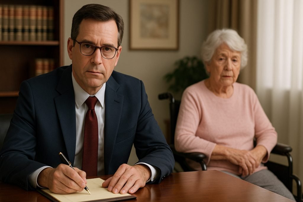 Nursing Home Abuse Lawyer: How to Find, Hire & Hold Facilities Accountable Lawyer with elderly woman in wheelchair discussing nursing home abuse case