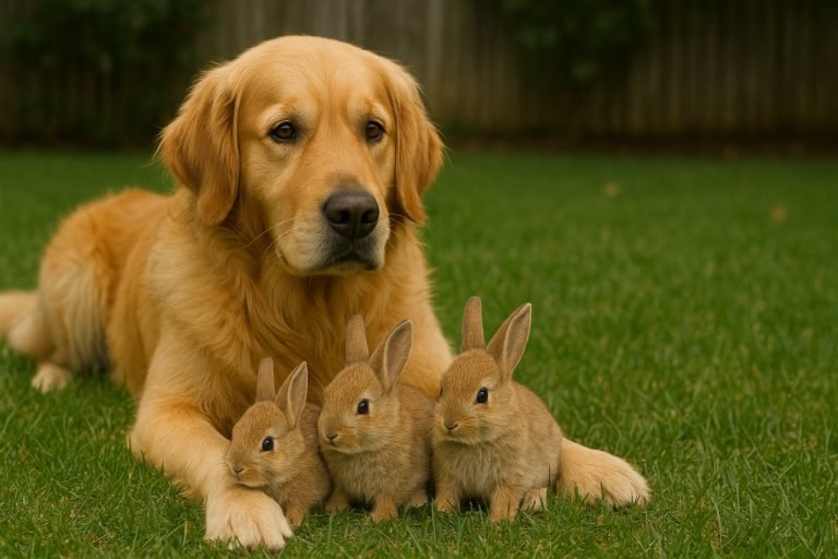 Golden Retriever Brings Bunnies Home: Why It Happens & What To Do Golden Retriever cuddling baby bunnies on green grass