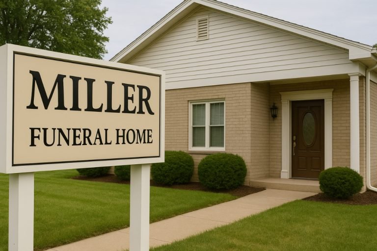 Miller Funeral Home building with front sign and entrance