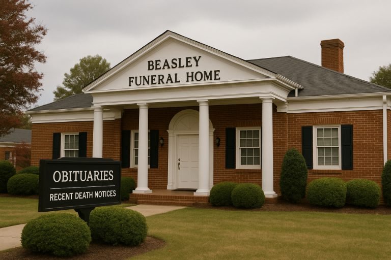 Beasley Funeral Home exterior with trimmed shrubs under a cloudy sky.