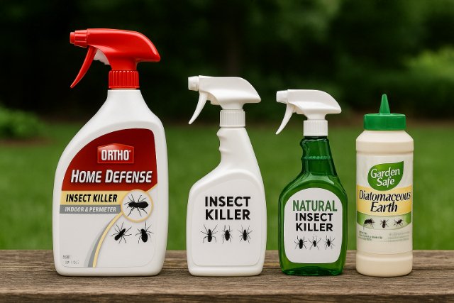 Insect control products including Ortho Home Defense and natural alternatives outdoors.